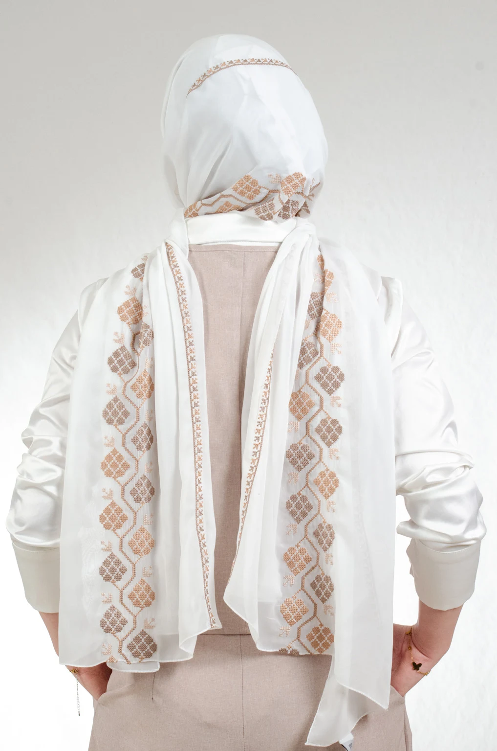 Classic off white and brown embroidered chiffon-cotton shawl with traditional fallahi design, 180x70cm timeless heritage wrap