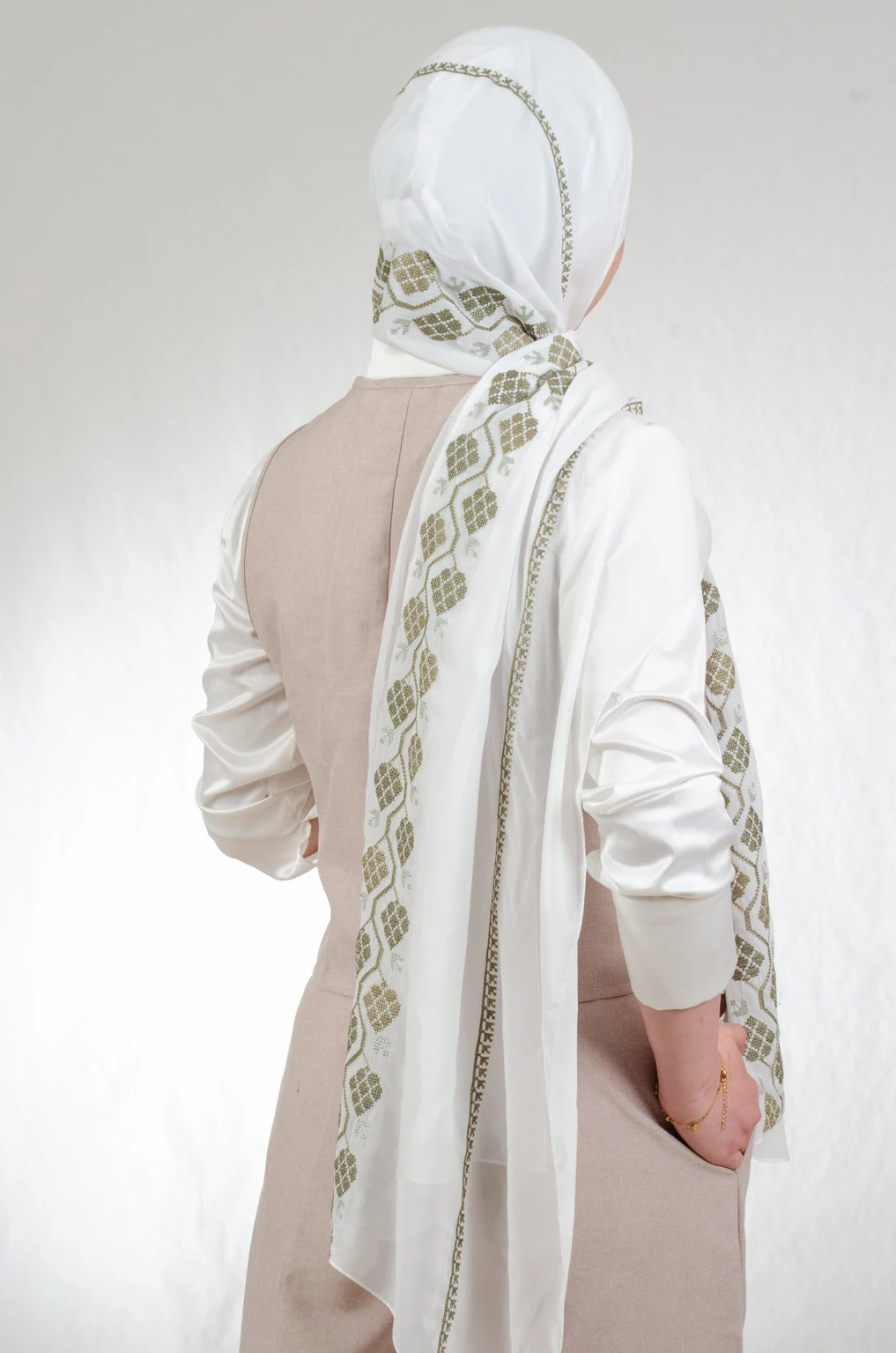 Fresh off white and green embroidered chiffon-cotton shawl with traditional fallahi design, 180x70cm contemporary heritage wrap