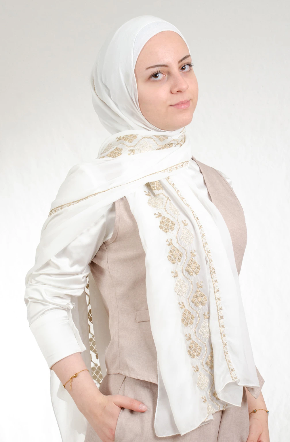 Luxurious off white and gold embroidered chiffon-cotton shawl with traditional fallahi design, 180x70cm opulent heritage wrap