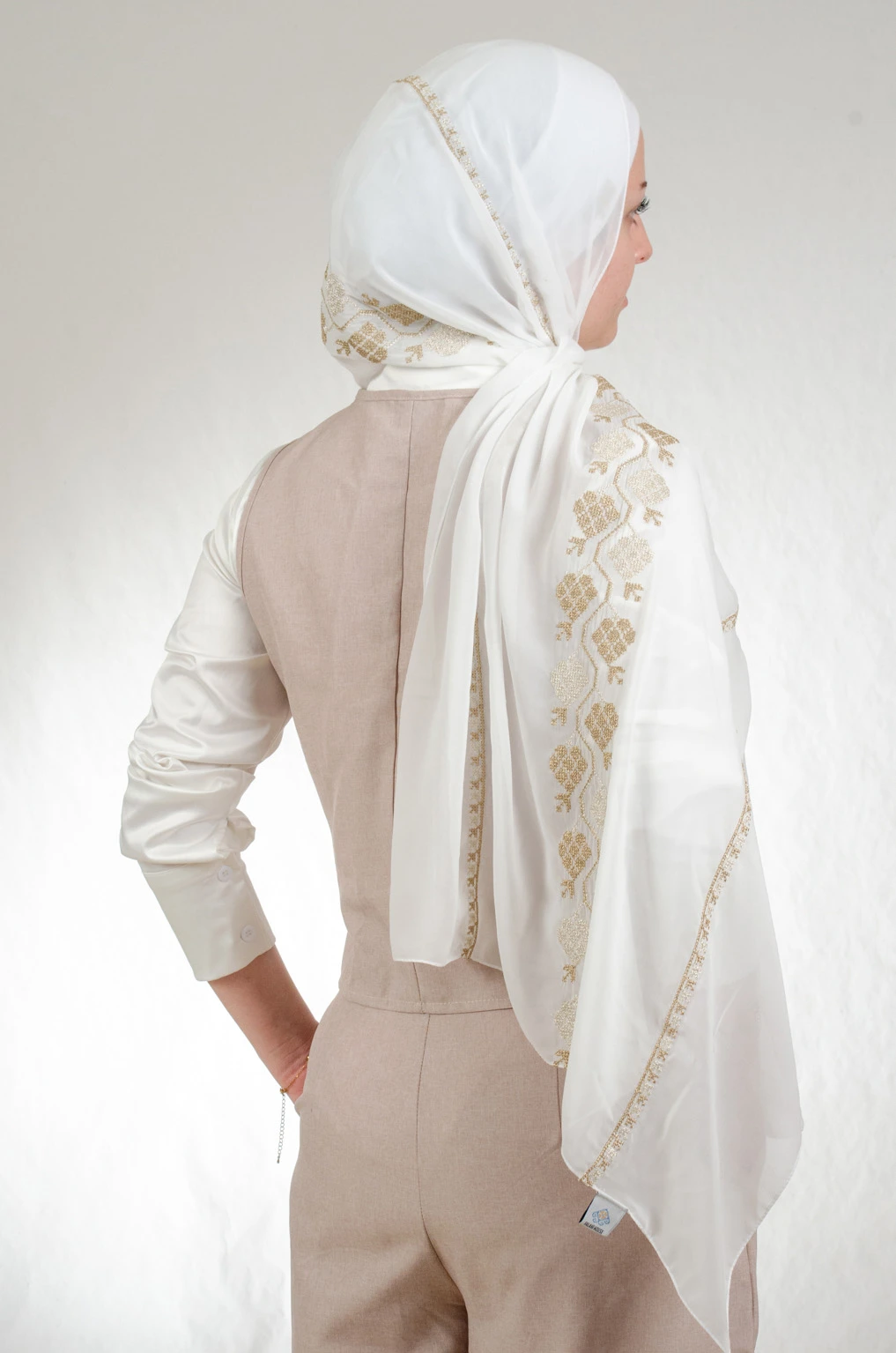 Luxurious off white and gold embroidered chiffon-cotton shawl with traditional fallahi design, 180x70cm opulent heritage wrap