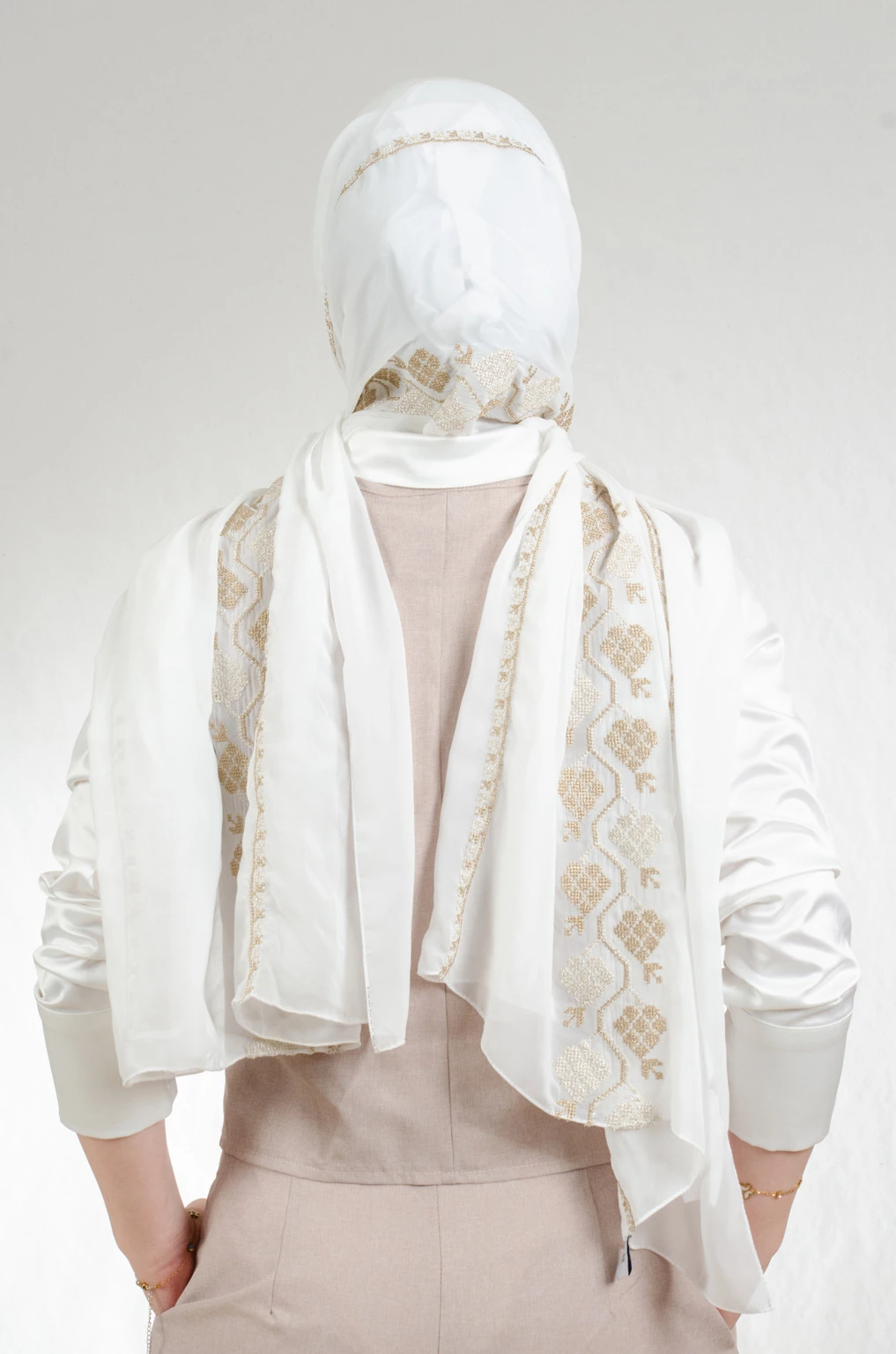 Luxurious off white and gold embroidered chiffon-cotton shawl with traditional fallahi design, 180x70cm opulent heritage wrap