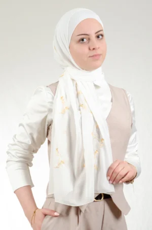 Luxurious jasmine shawl with delicate wavy silk embroidery on premium chiffon, 180x70cm precious Palestinian heritage masterpiece