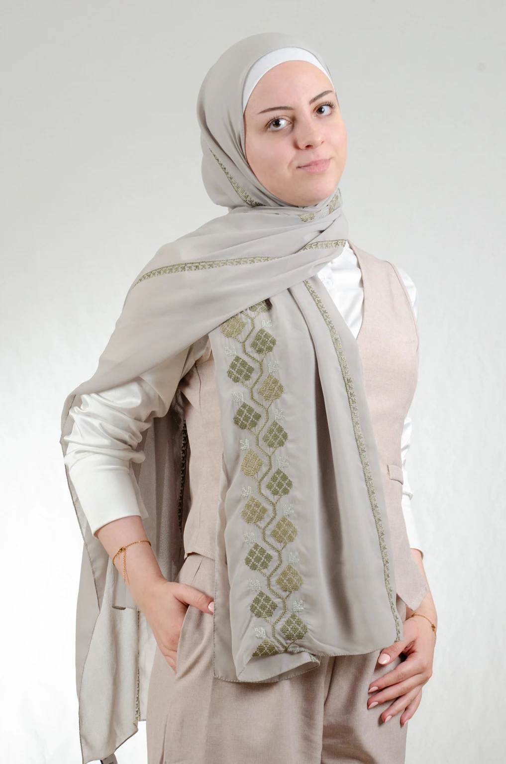 Fresh mint embroidered chiffon-cotton shawl with traditional fallahi design, 180x70cm contemporary luxury heritage wrap