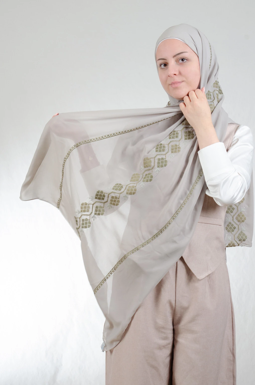 Fresh mint embroidered chiffon-cotton shawl with traditional fallahi design, 180x70cm contemporary luxury heritage wrap