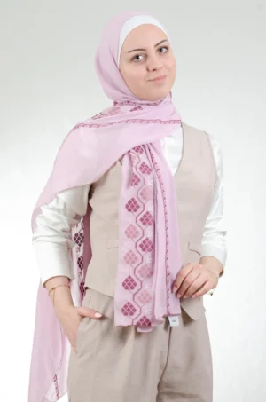 Graceful pink embroidered chiffon-cotton shawl with traditional fallahi design, 180x70cm feminine luxury heritage wrap