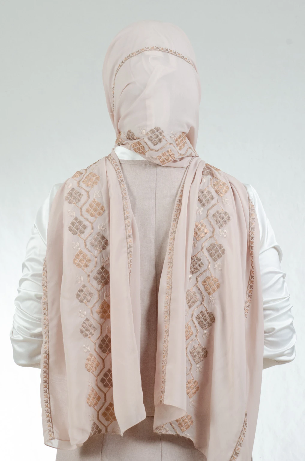 Sophisticated camel embroidered chiffon-cotton shawl with traditional fallahi design, 180x70cm timeless luxury heritage wrap