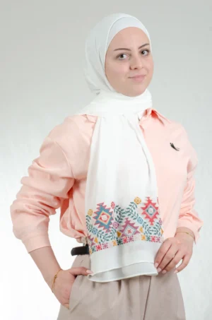 Premium crepe shawl with traditional fallahi embroidery mix patterns, 180x70cm artisan heritage masterpiece
