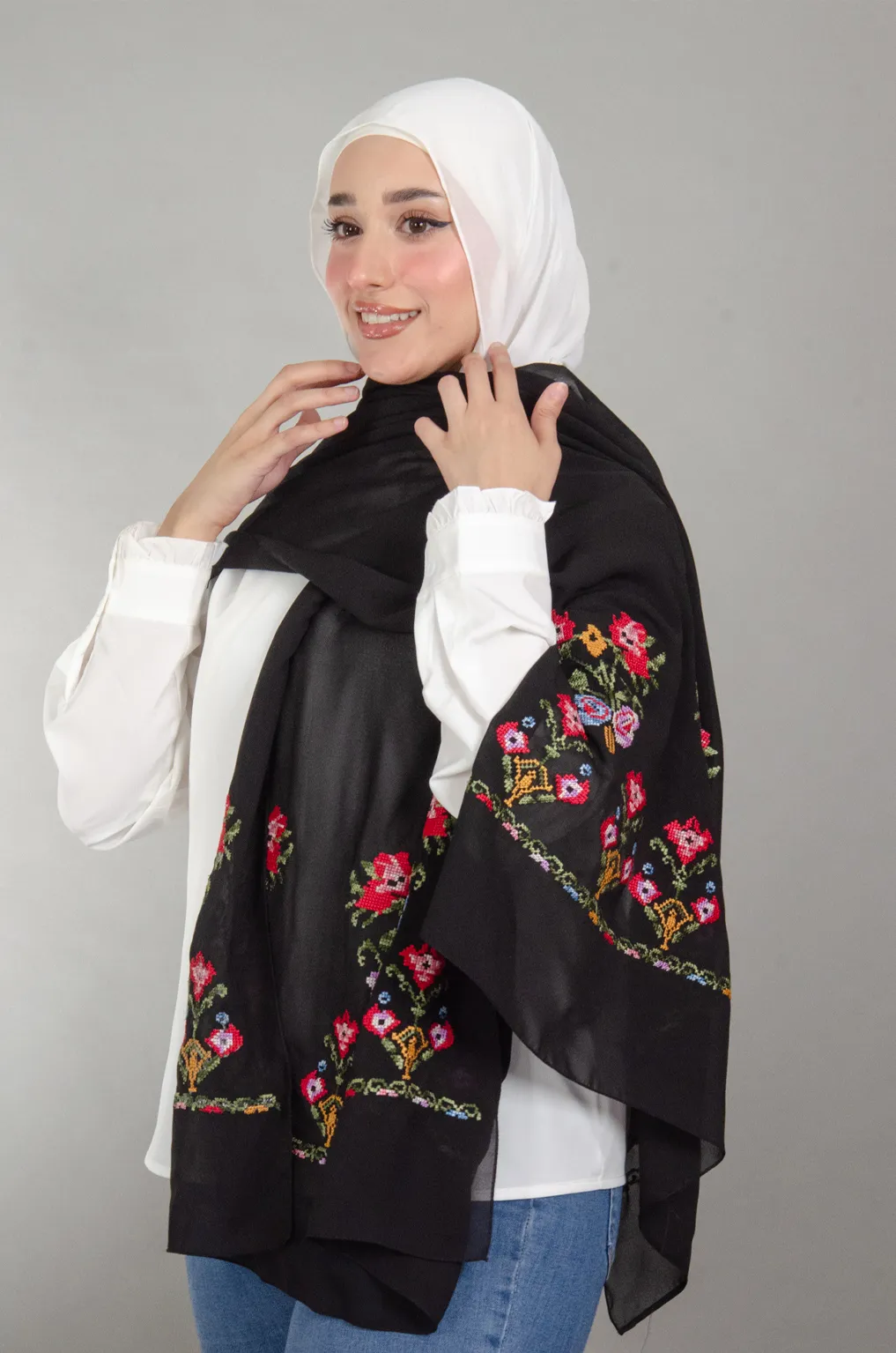 Black Henna Shawl with authentic Falahi embroidery on soft Duja Al-Lail cotton chiffon, perfect for henna nights, weddings, and special occasions.