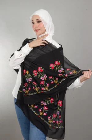 Black Henna Shawl with authentic Falahi embroidery on soft Duja Al-Lail cotton chiffon, perfect for henna nights, weddings, and special occasions.
