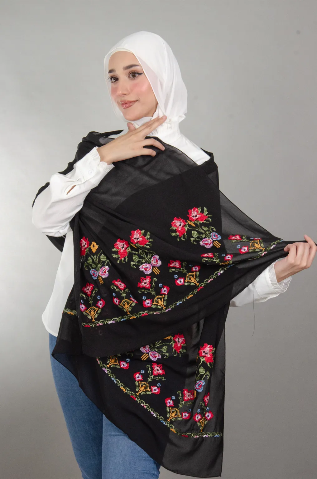 Black Henna Shawl with authentic Falahi embroidery on soft Duja Al-Lail cotton chiffon, perfect for henna nights, weddings, and special occasions.