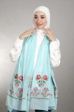 Light Blue Henna Shawl made from Duja Al-Lail cotton chiffon with elegant heritage-inspired Falahi embroidery.
