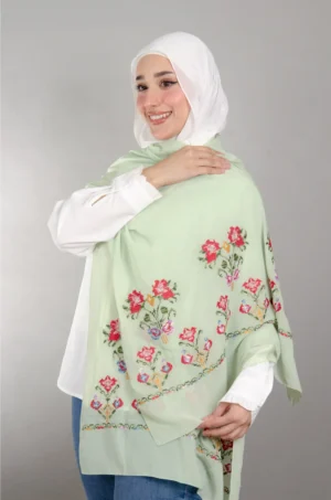 Mint Henna Shawl with authentic Falahi embroidery on soft Duja Al-Lail cotton chiffon, perfect for henna nights, weddings, and special occasions.