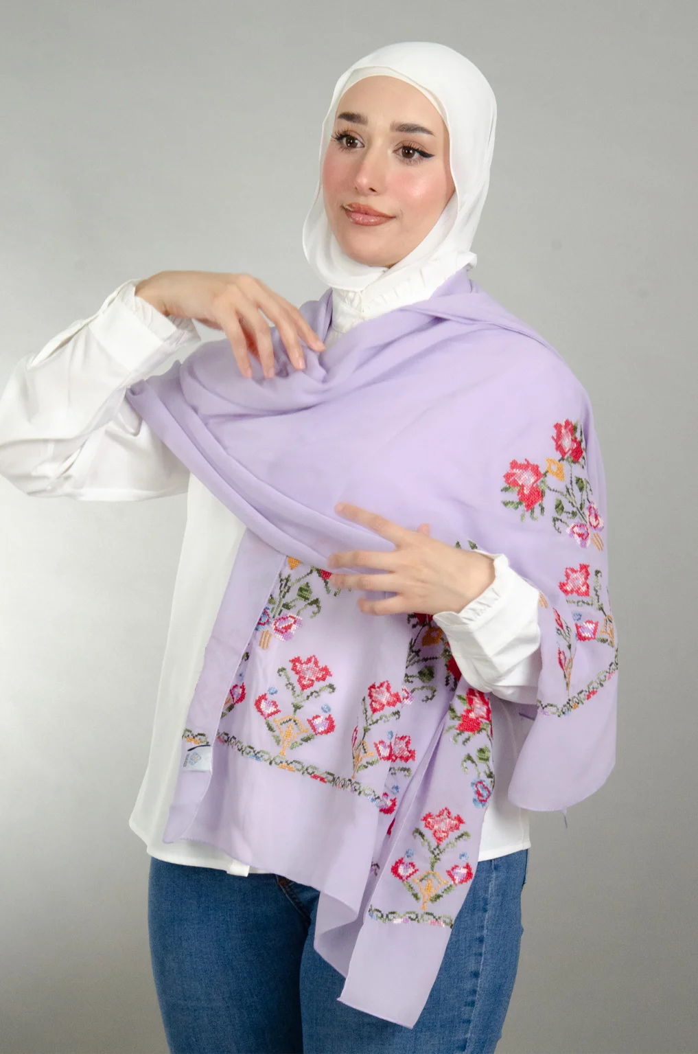 Purple Henna Shawl with authentic Falahi embroidery on soft Duja Al-Lail cotton chiffon, perfect for henna nights, weddings, and special occasions.