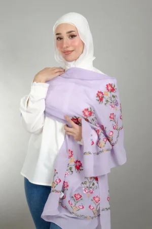 Purple Henna Shawl with authentic Falahi embroidery on soft Duja Al-Lail cotton chiffon, perfect for henna nights, weddings, and special occasions.