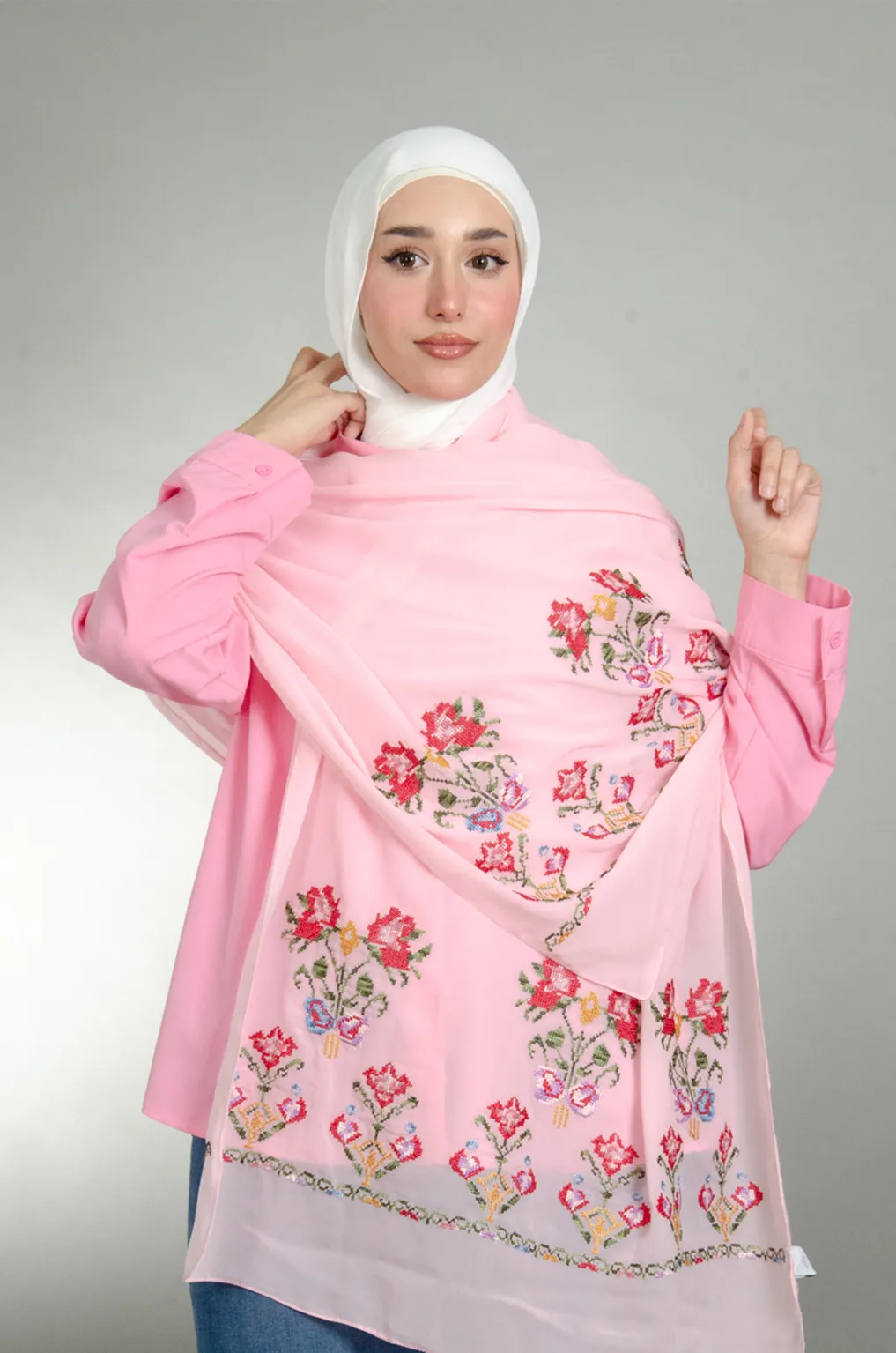 Rose Henna Shawl with authentic Falahi embroidery on soft Duja Al-Lail cotton chiffon, perfect for henna nights, weddings, and special occasions.
