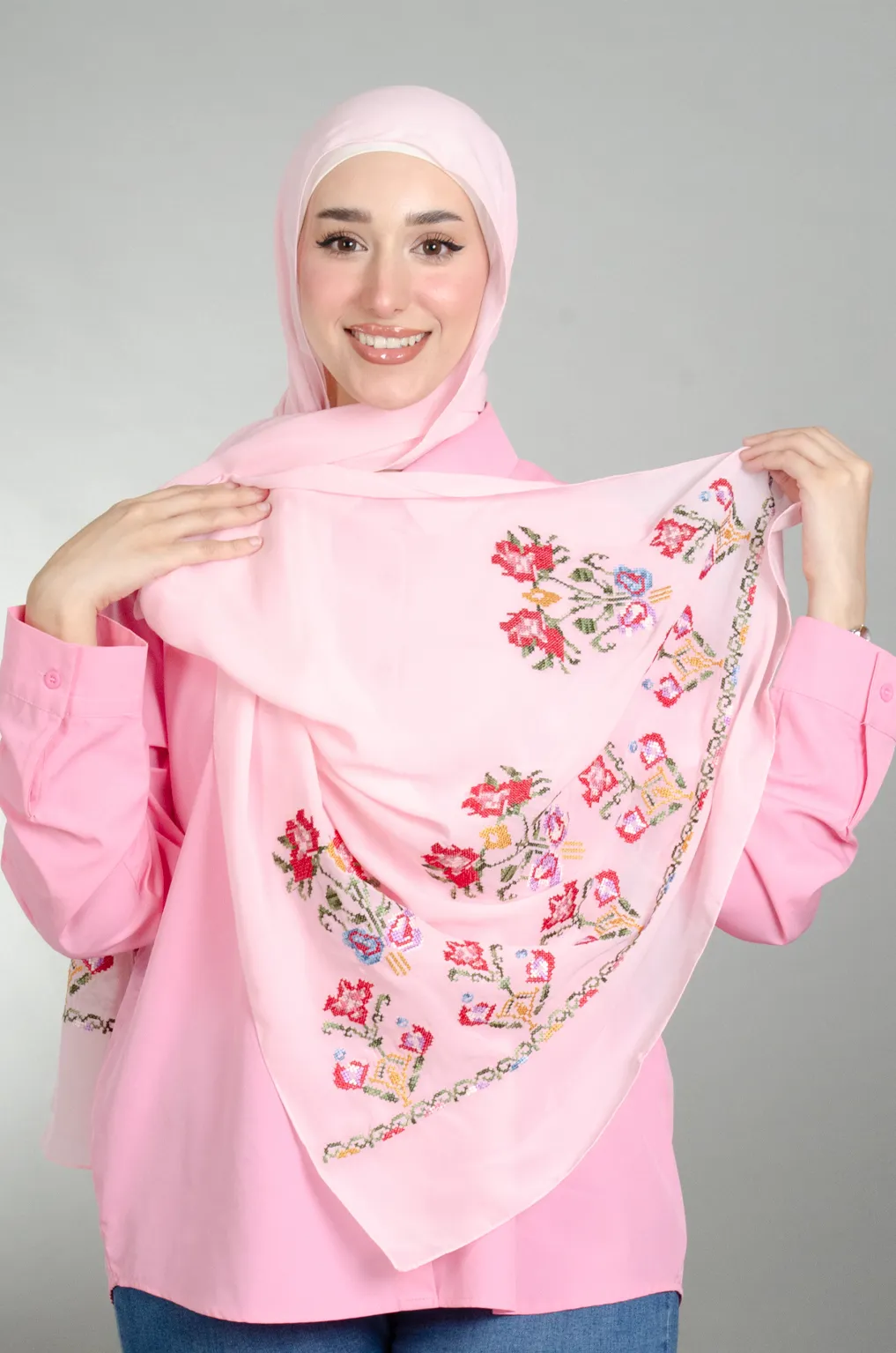 Rose Henna Shawl with authentic Falahi embroidery on soft Duja Al-Lail cotton chiffon, perfect for henna nights, weddings, and special occasions.