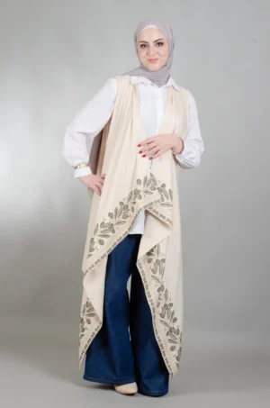 Linen beige open-front cardigan with olive branch embroidery and gold thread details, free size by Falahi House