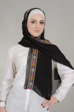 Sabalah black chiffon tatreez shawl with colorful embroidered arrow border, 180x70cm hijab by Falahi House