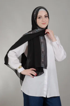 Sabalah black chiffon tatreez shawl with lilac, blue and silver embroidered border, 180x70cm hijab by Falahi House