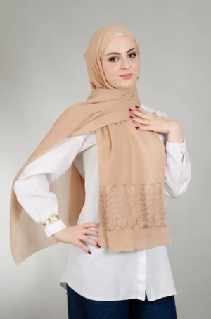 Japanese Voile Sand Beige cotton shawl with cypress tatreez embroidery and laser-cut edges, 180x70cm hijab by Falahi House