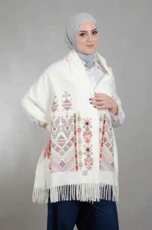 Ivory Nabati with Olive Mix embroidered shoulder shawl in soft mohair with fringes and mirror accents, 180x70 cm by Falahi House