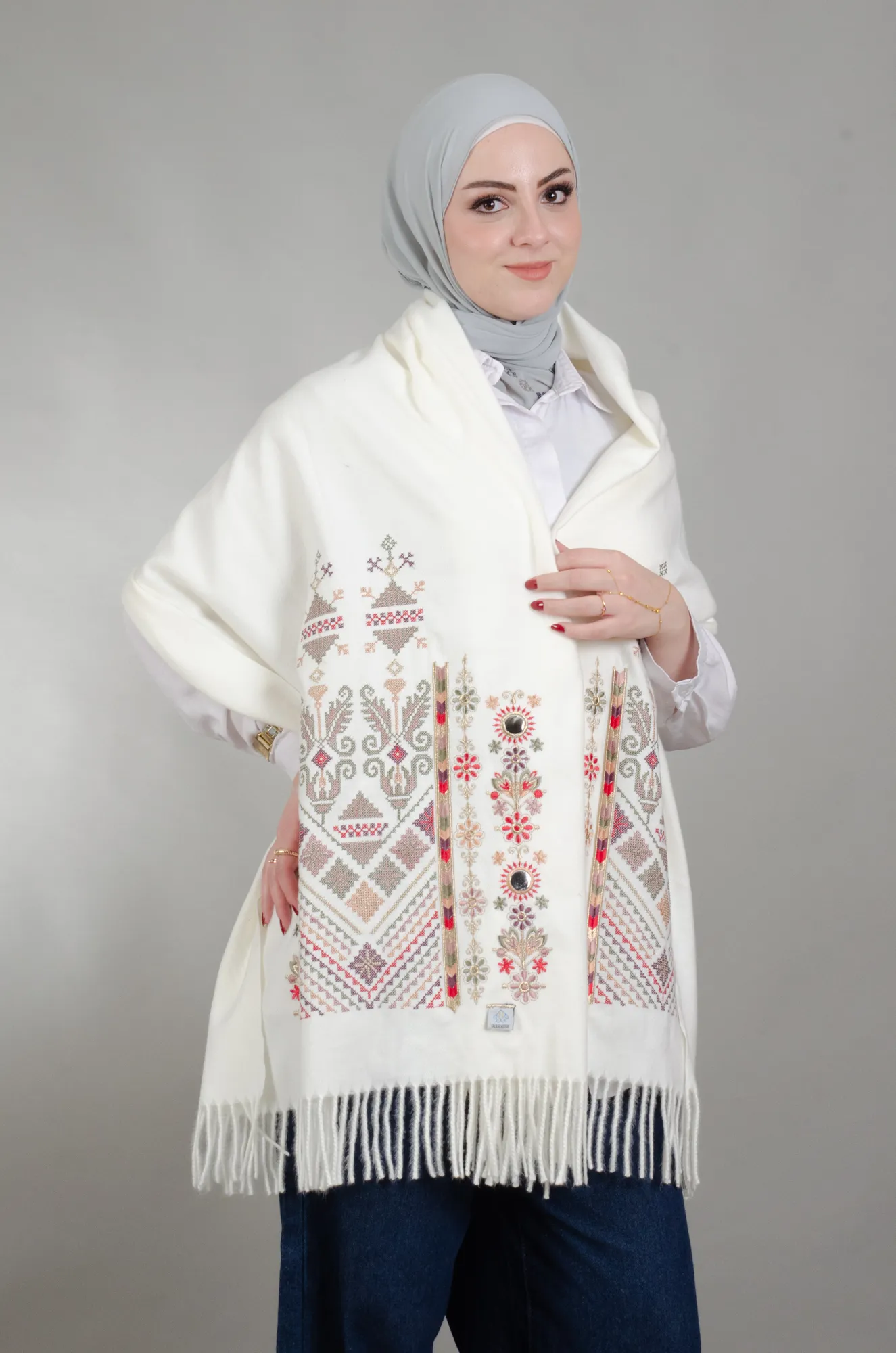Ivory Nabati with Olive Mix embroidered shoulder shawl in soft mohair with fringes and mirror accents, 180x70 cm by Falahi House